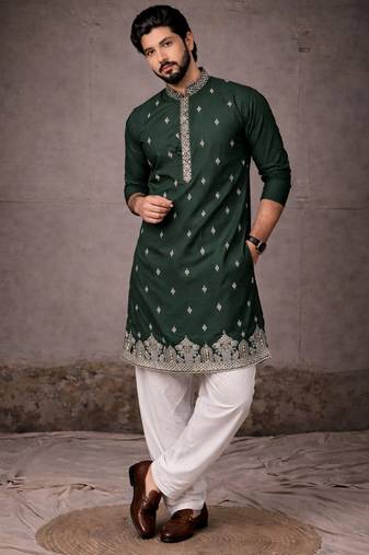 Green color designer embroidered men's ceremonial kurta payjama