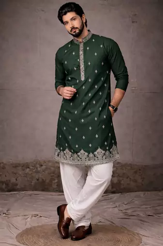 Green color designer embroidered men's ceremonial kurta payjama