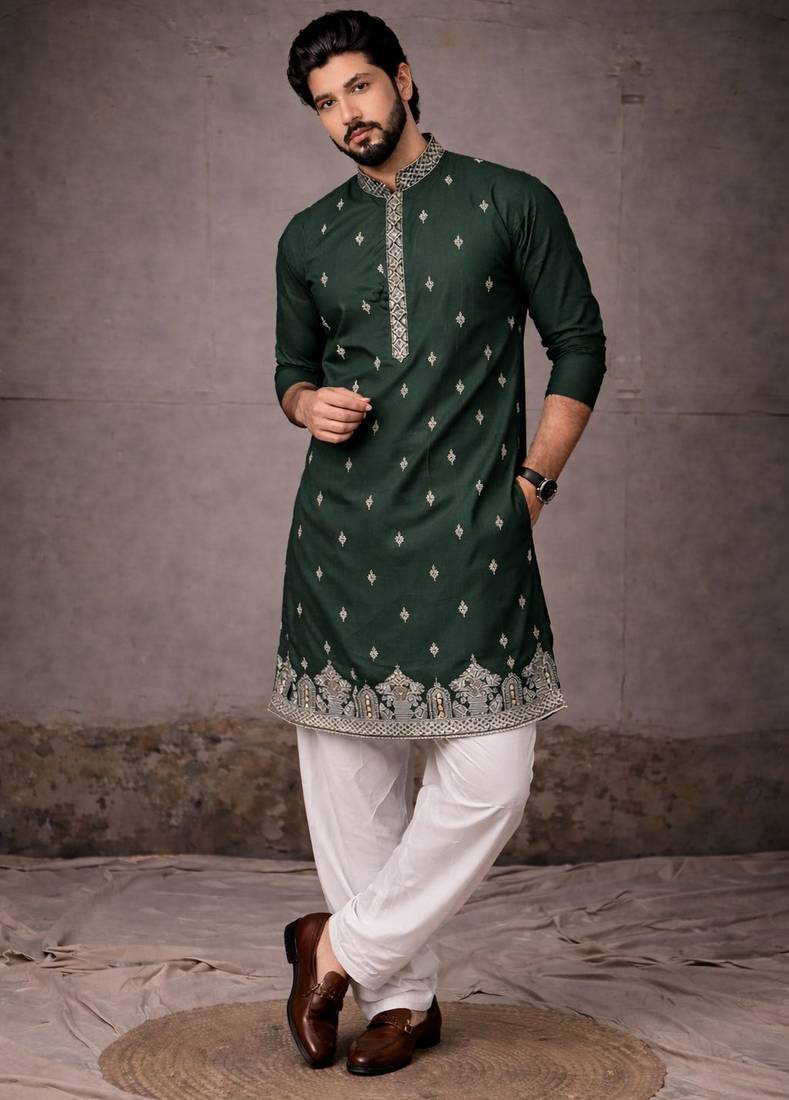 Green color designer embroidered men's ceremonial kurta payjama
