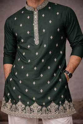 Green color designer embroidered men's ceremonial kurta payjama 3