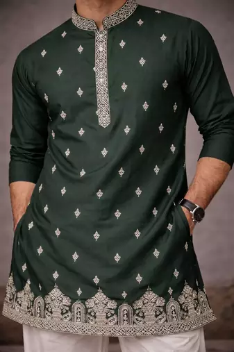 Green color designer embroidered men's ceremonial kurta payjama