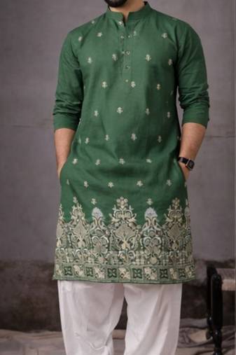Green color designer embroidered men's ceremonial kurta payjama