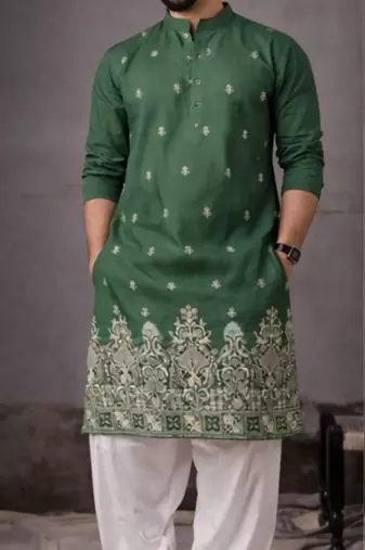 Green color designer embroidered men's ceremonial kurta payjama