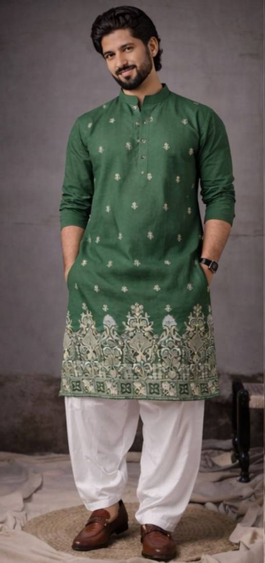 Green color designer embroidered men's ceremonial kurta payjama