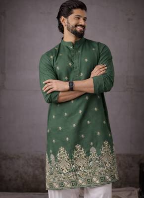 Green color designer embroidered men's ceremonial kurta payjama 3