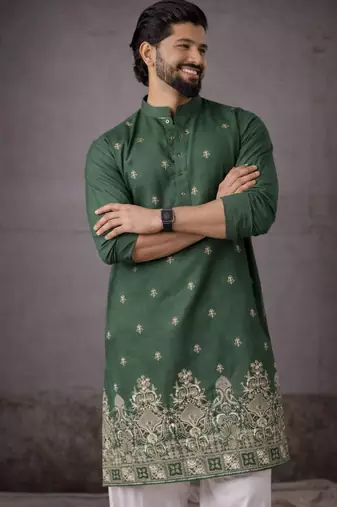 Green color designer embroidered men's ceremonial kurta payjama