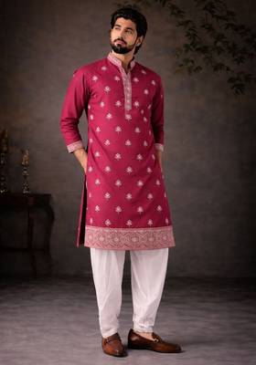 Pink color designer embroidered men's ceremonial kurta payjama 1