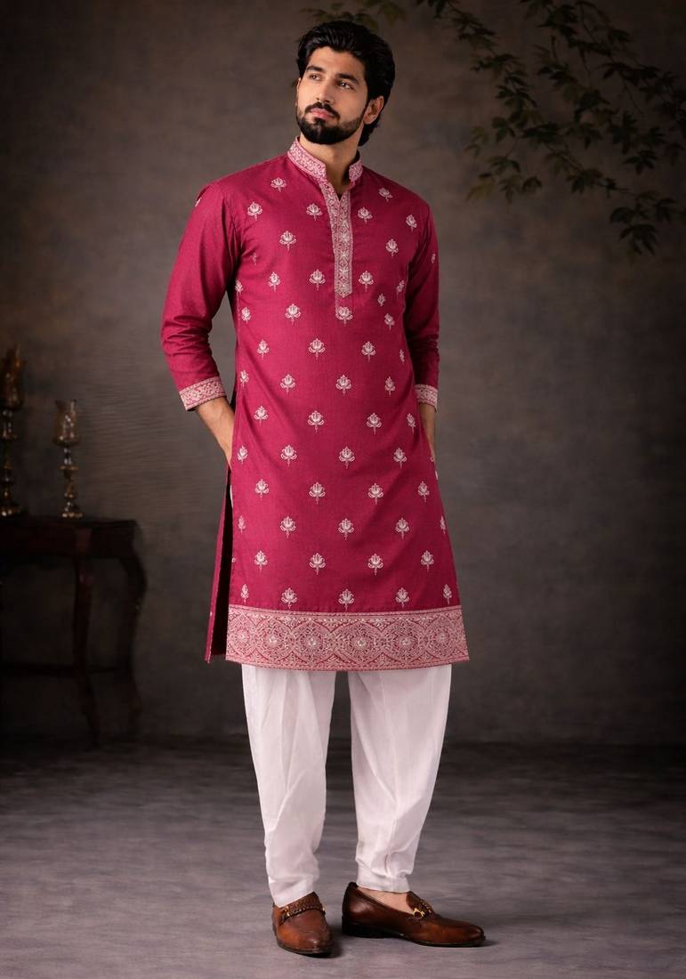 Pink color designer embroidered men's ceremonial kurta payjama