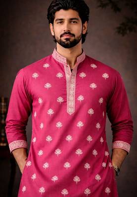 Pink color designer embroidered men's ceremonial kurta payjama 3
