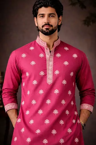 Pink color designer embroidered men's ceremonial kurta payjama
