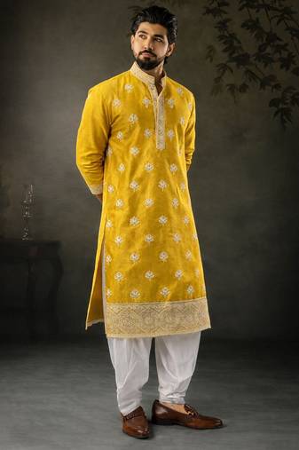 Yellow color designer embroidered men's ceremonial kurta payjama