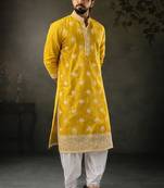 Yellow color designer embroidered men's ceremonial kurta payjama