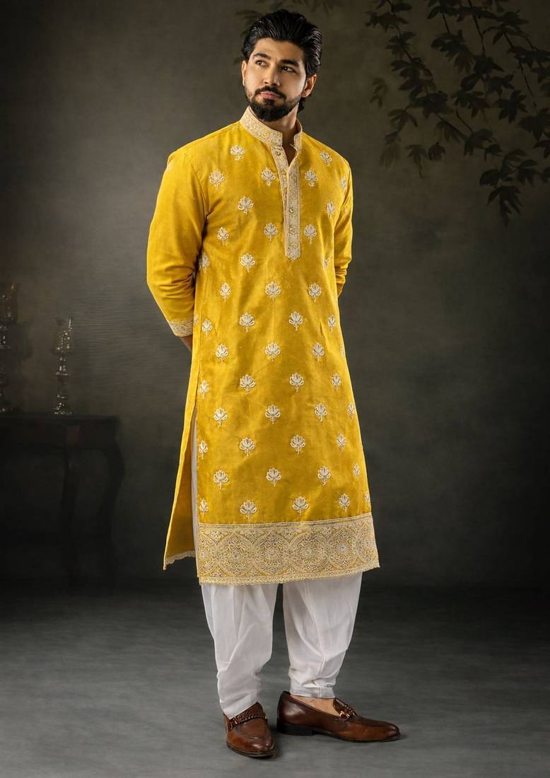 Yellow color designer embroidered men's ceremonial kurta payjama