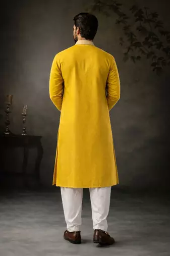Yellow color designer embroidered men's ceremonial kurta payjama