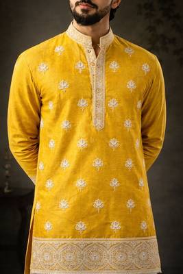 Yellow color designer embroidered men's ceremonial kurta payjama 3