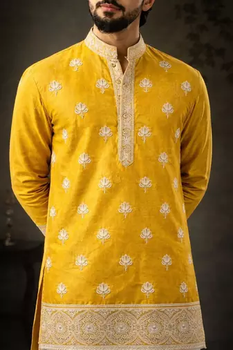Yellow color designer embroidered men's ceremonial kurta payjama