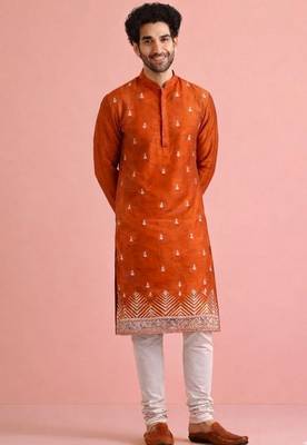 Orange color designer embroidered men's ceremonial kurta payjama 1