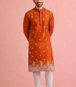 Orange color designer embroidered men's ceremonial kurta payjama