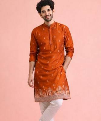 Orange color designer embroidered men's ceremonial kurta payjama 3