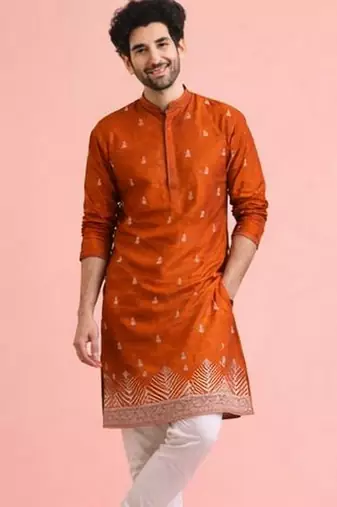 Orange color designer embroidered men's ceremonial kurta payjama