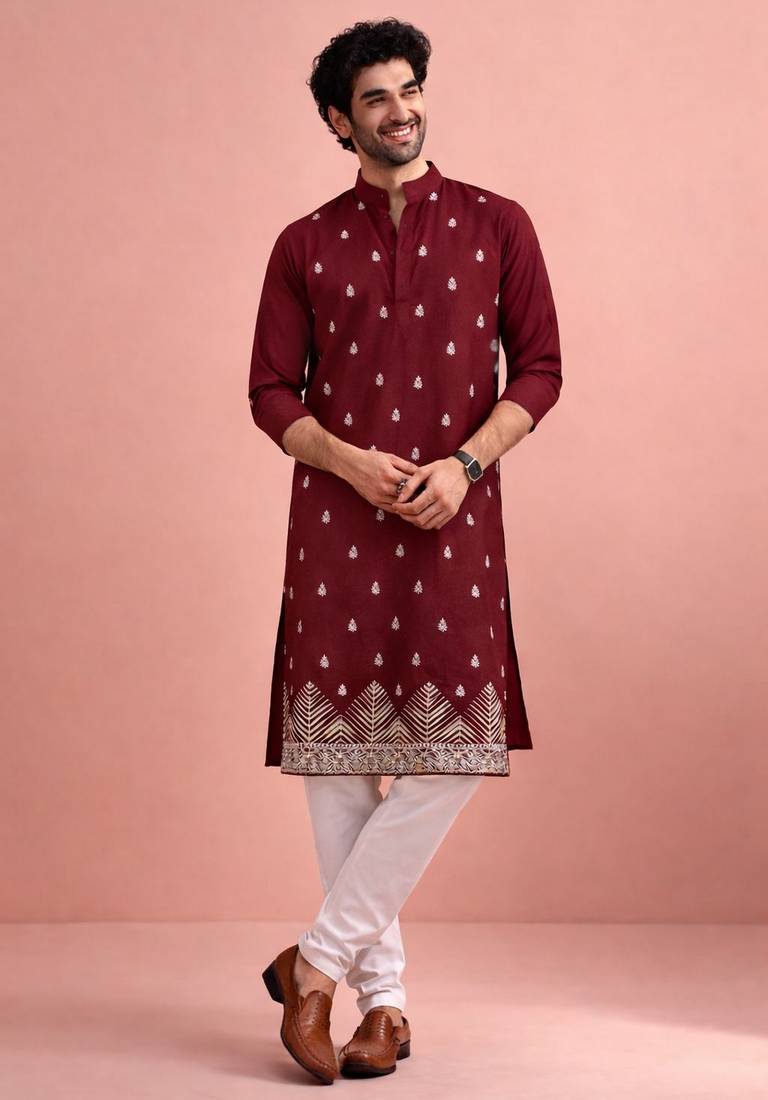Maroon color designer embroidered men's ceremonial kurta payjama