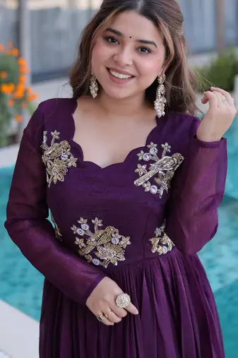 Wine color beautiful ceremonial gown for stylish looks