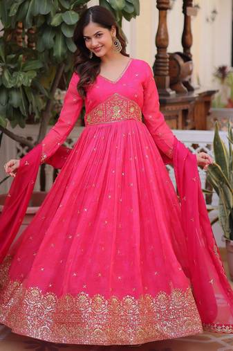 Pink color beautiful ceremonial gown for ethnic stylish looks