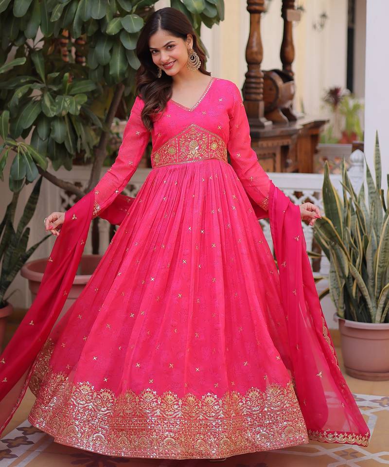 Pink color beautiful ceremonial gown for ethnic stylish looks