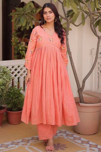 Peach color cotton blended girlie top with bottom for rich girlie looks