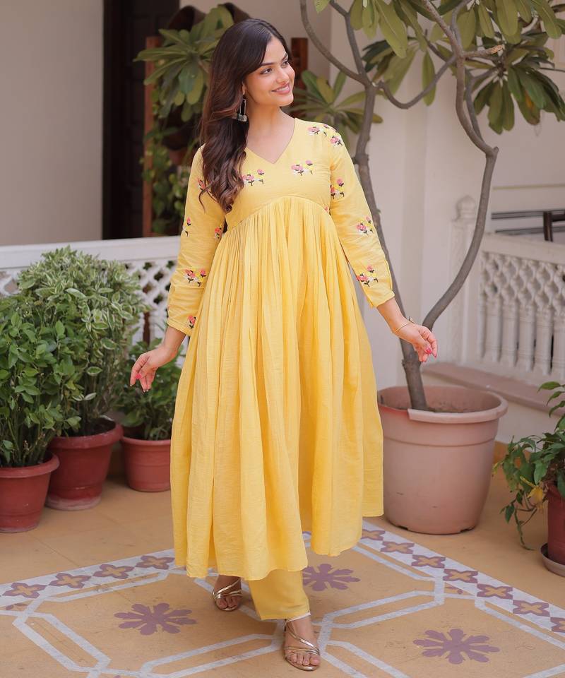 Yellow color cotton blended girlie top with bottom for rich girlie looks