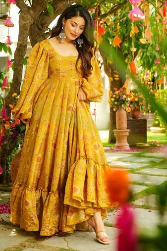 Mustard color trendy and stylish gown for ethnic girlie looks