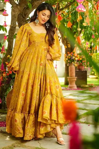 Mustard color trendy and stylish gown for ethnic girlie looks