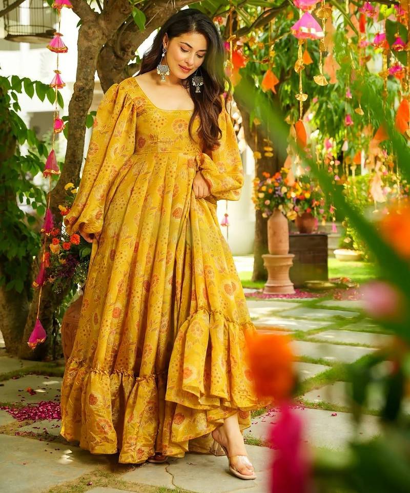 Mustard color trendy and stylish gown for ethnic girlie looks