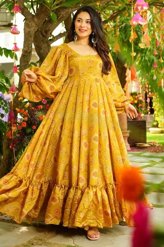 Mustard color trendy and stylish gown for looks
