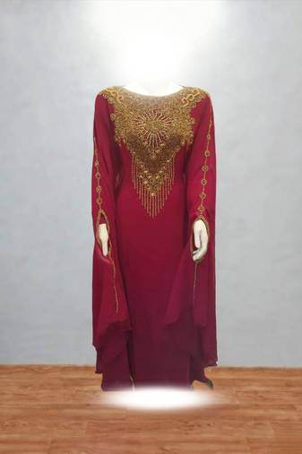 Luxurious Maroon Kaftan With Gold Work Stitched Dress