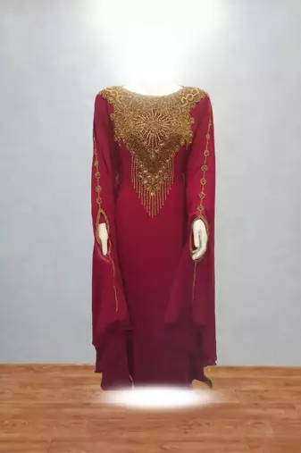 Luxurious Maroon Kaftan With Gold Work Stitched Dress