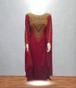 maroon georgette kaftan dress with gold embroidery
