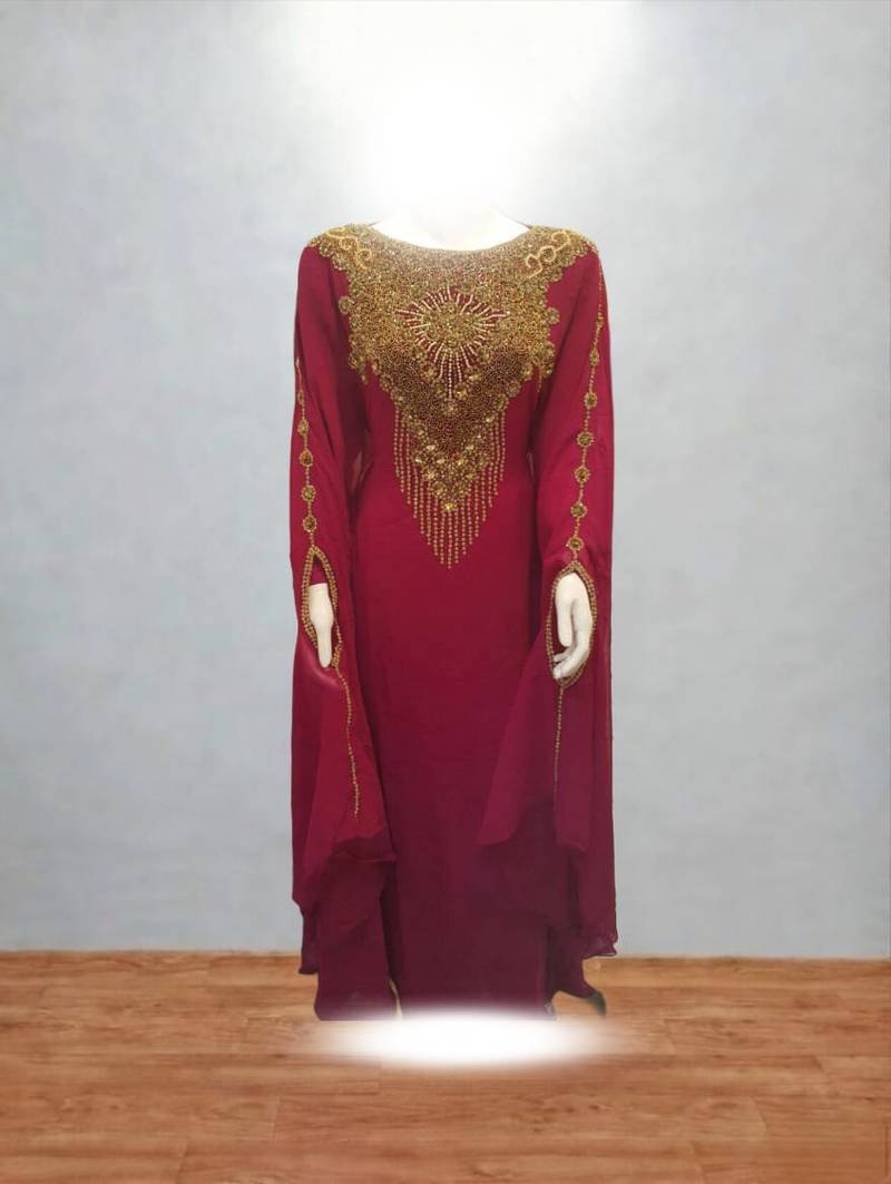 Luxurious Maroon Kaftan With Gold Work Stitched Dress
