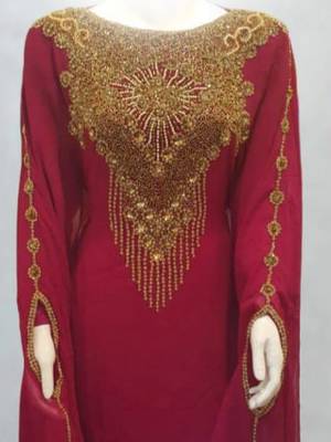 maroon georgette kaftan dress with gold embroidery 2