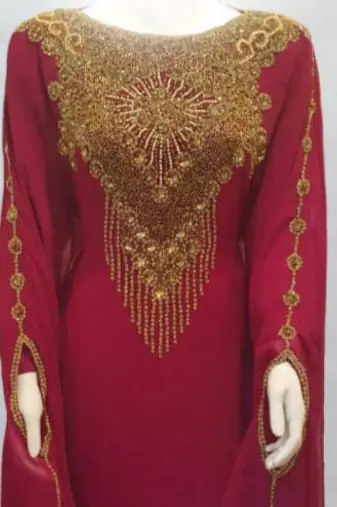 maroon georgette kaftan dress with gold embroidery