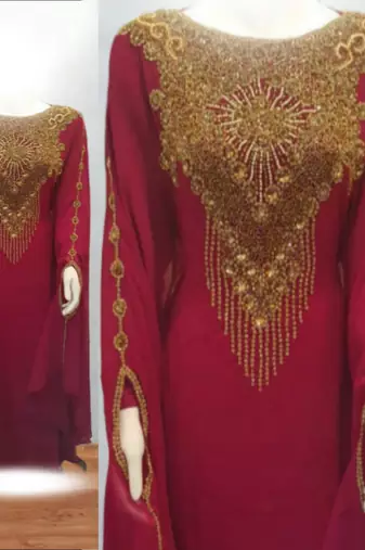 maroon georgette kaftan dress with gold embroidery