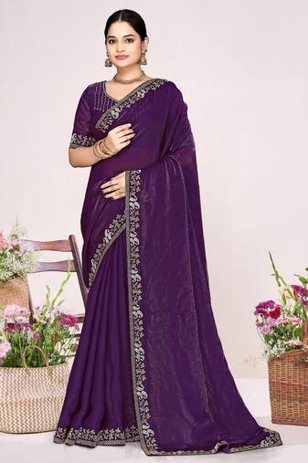 Purple sequin embellish work satin silk saree sari for women