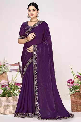 Purple sequin embellish work satin silk saree sari for women