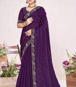 Purple sequin embellish work satin silk saree sari for women
