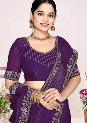 Purple sequin embellish work satin silk saree sari for women 2