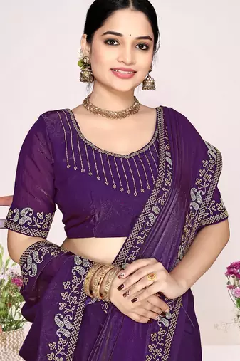 Purple sequin embellish work satin silk saree sari for women