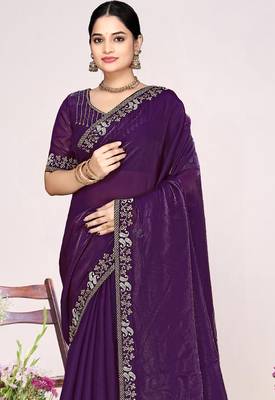 Purple sequin embellish work satin silk saree sari for women 3