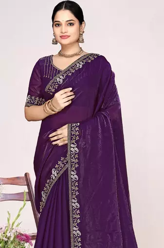 Purple sequin embellish work satin silk saree sari for women