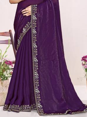Purple sequin embellish work satin silk saree sari for women 4