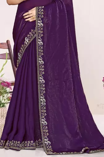 Purple sequin embellish work satin silk saree sari for women